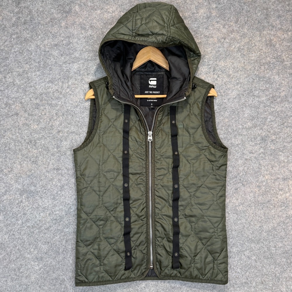 G-Star Raw Doonray Quilted Vest Jacket Mens Small Olive Green Zip Hooded Green